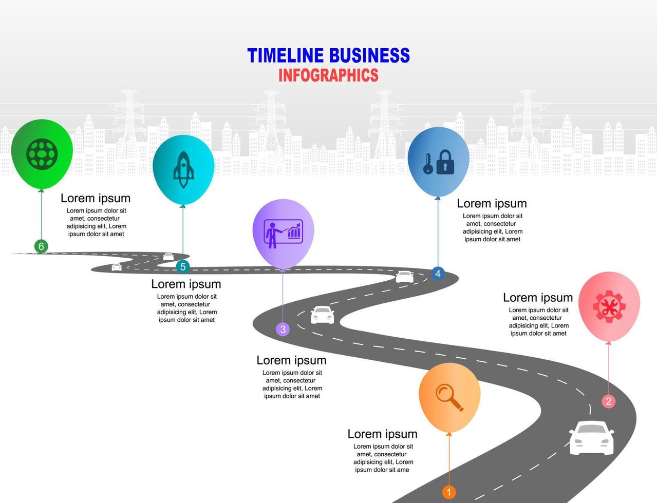 Vector template infographic Timeline of business operations with flags and placeholders on curved roads. Symbols, steps for successful business planning Suitable for advertising and presentations