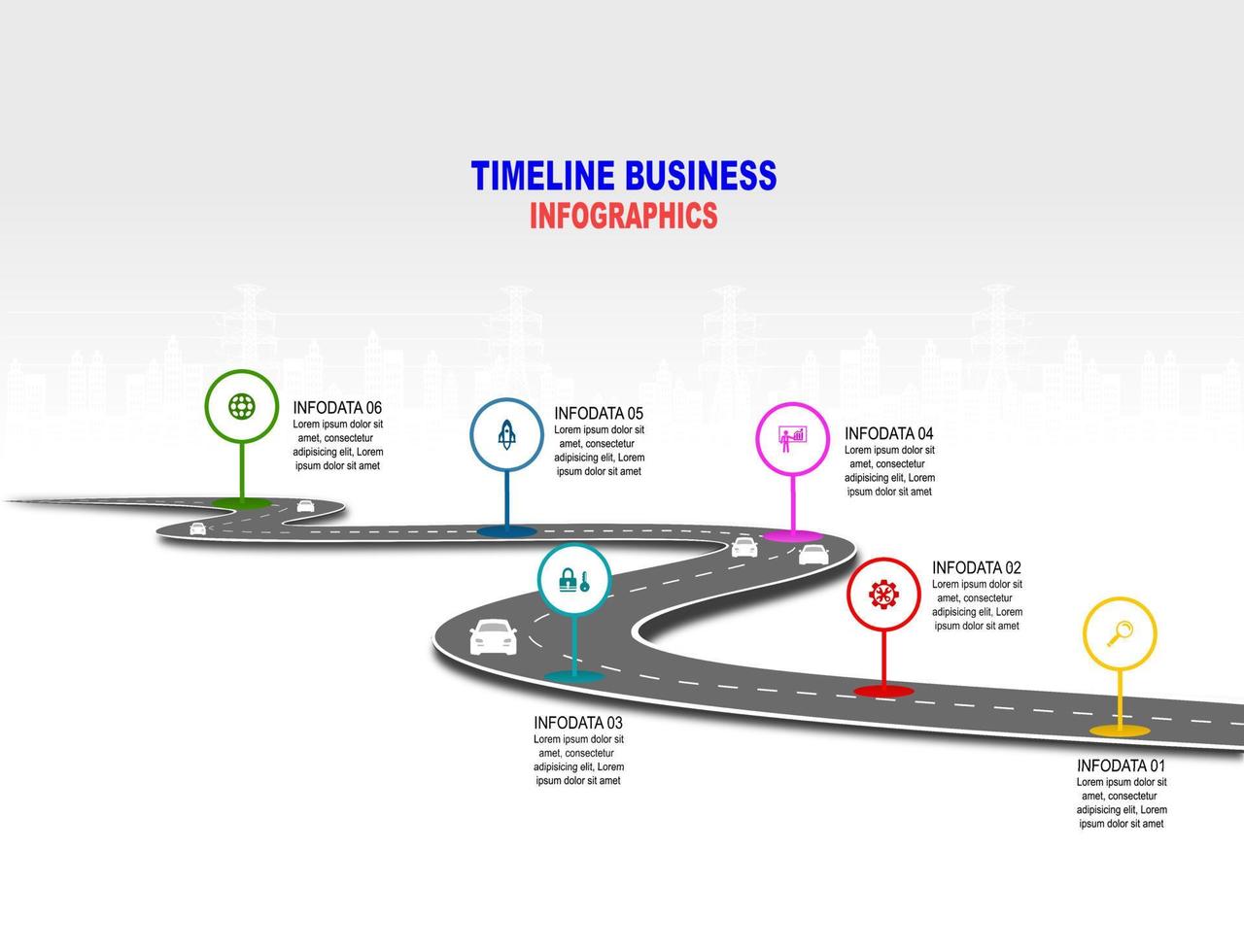 Vector template infographic Timeline of business operations with flags and placeholders on curved roads. Symbols, steps for successful business planning Suitable for advertising and presentations