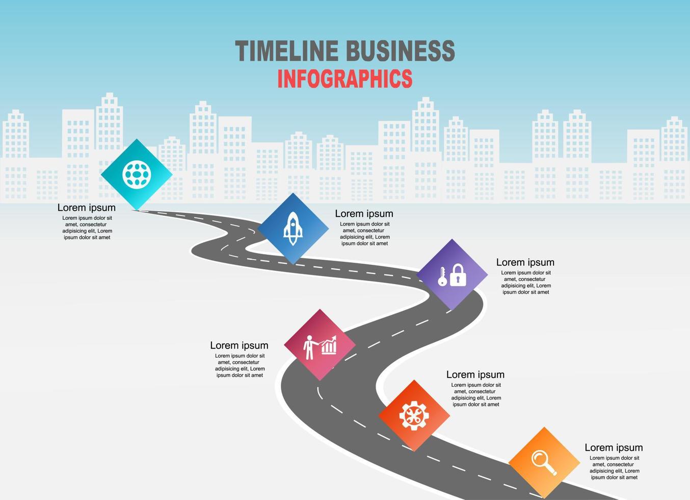 vector plantilla infografía línea de tiempo de operaciones comerciales con banderas y marcadores de posición en carreteras con curvas. símbolos, pasos para una planificación empresarial exitosa adecuados para publicidad y presentaciones.