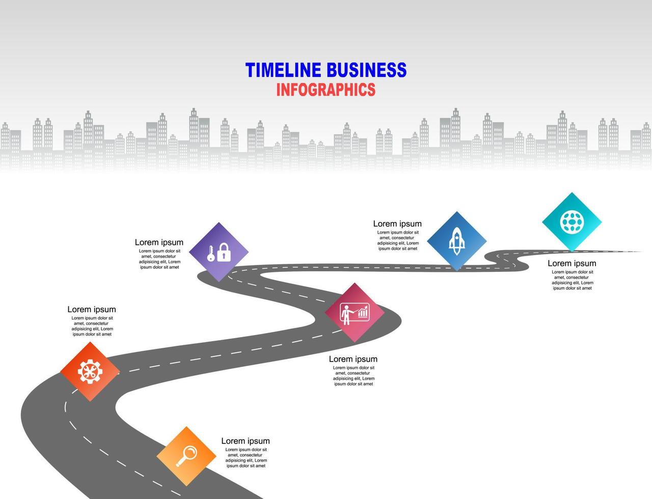 Vector template infographic Timeline of business operations with flags and placeholders on curved roads. Symbols, steps for successful business planning Suitable for advertising and presentations