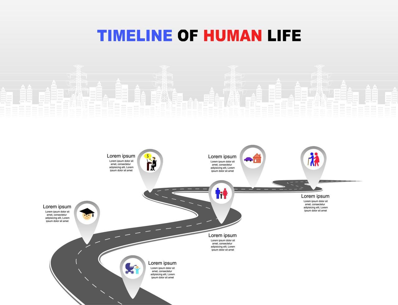 Vector template Infographic Timeline of human life with flags and placeholders on curved roads. Symbols, steps for successful business planning Suitable for advertising and presentations.