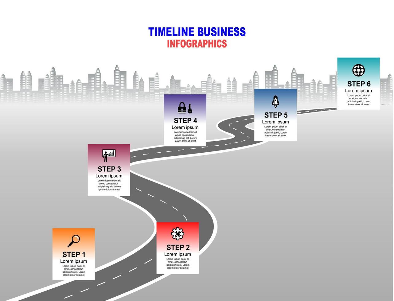 Vector template infographic Timeline of business operations with flags and placeholders on curved roads. Symbols, steps for successful business planning Suitable for advertising and presentations