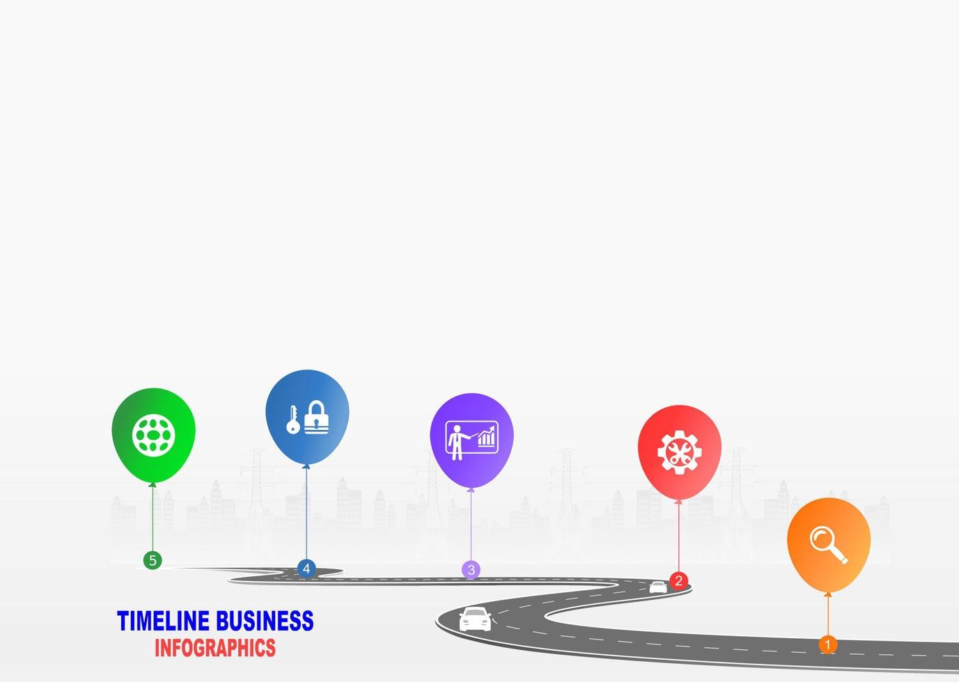 Vector template infographic Timeline of business operations with flags and placeholders on curved roads. Symbols, steps for successful business planning Suitable for advertising and presentations