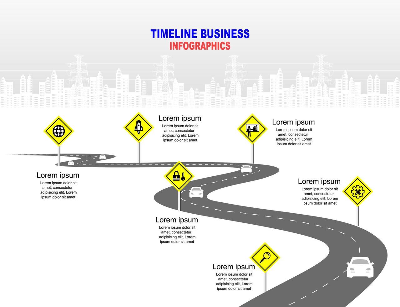 Vector template infographic Timeline of business operations with flags and placeholders on curved roads. Symbols, steps for successful business planning Suitable for advertising and presentations