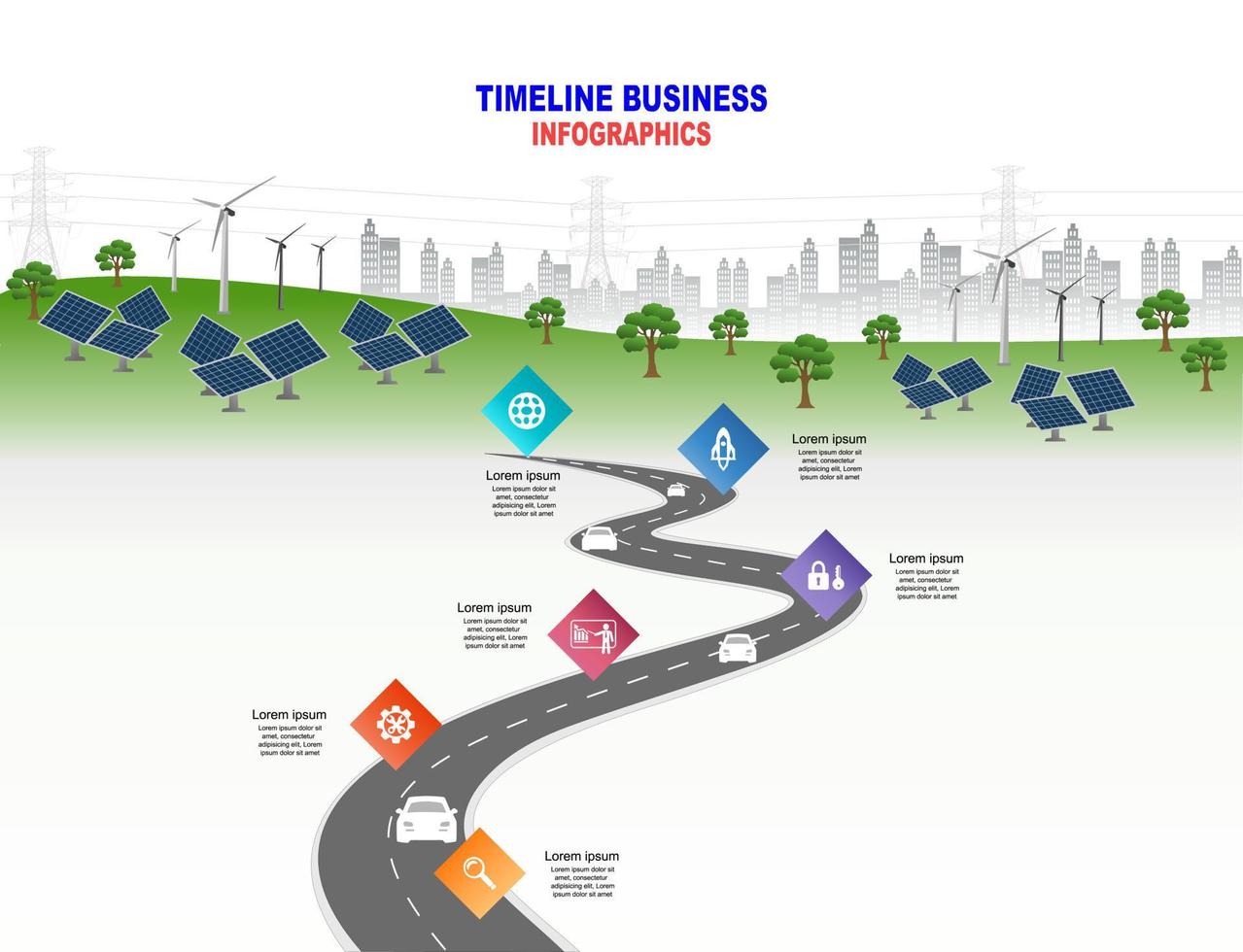 vector plantilla infografía línea de tiempo de operaciones comerciales con banderas y marcadores de posición en carreteras con curvas. innovación, por el medio ambiente y la sociedad ciudad que conviva. símbolos, pasos para el éxito