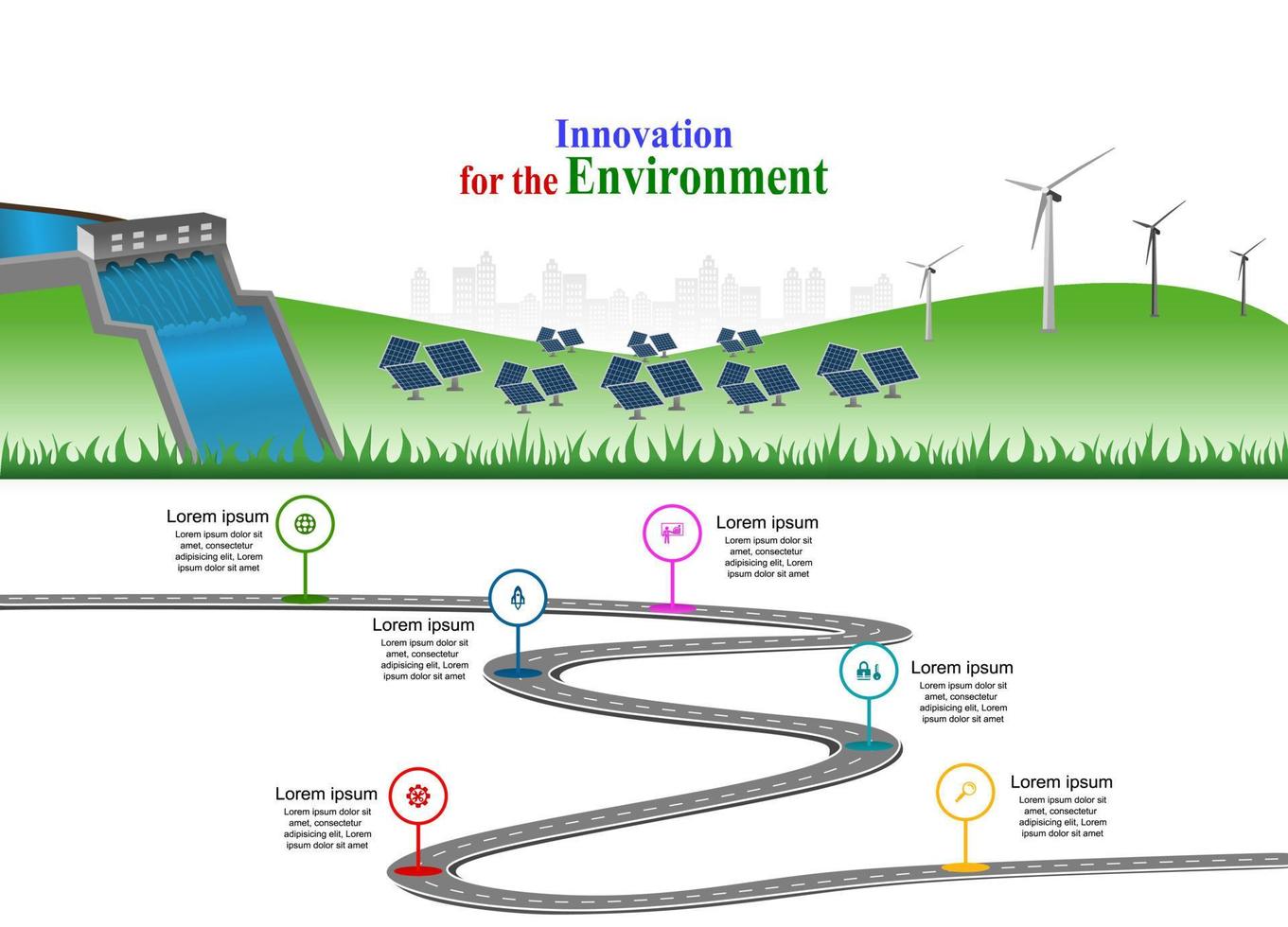 Vector template infographic Timeline of business operations with flags and placeholders on curved roads. Innovation, for environment and society city that can live together. Symbols, steps for success