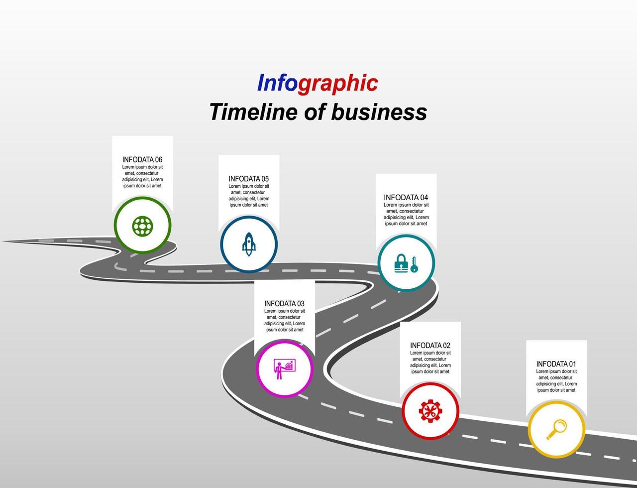 Vector template infographic Timeline of business operations with flags and placeholders on curved roads. Symbols, steps for successful business planning Suitable for advertising and presentations