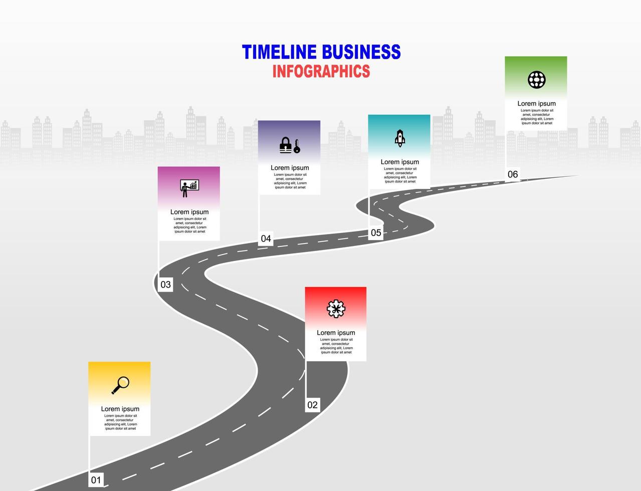 vector plantilla infografía línea de tiempo de operaciones comerciales con banderas y marcadores de posición en carreteras con curvas. símbolos, pasos para una planificación empresarial exitosa adecuados para publicidad y presentaciones