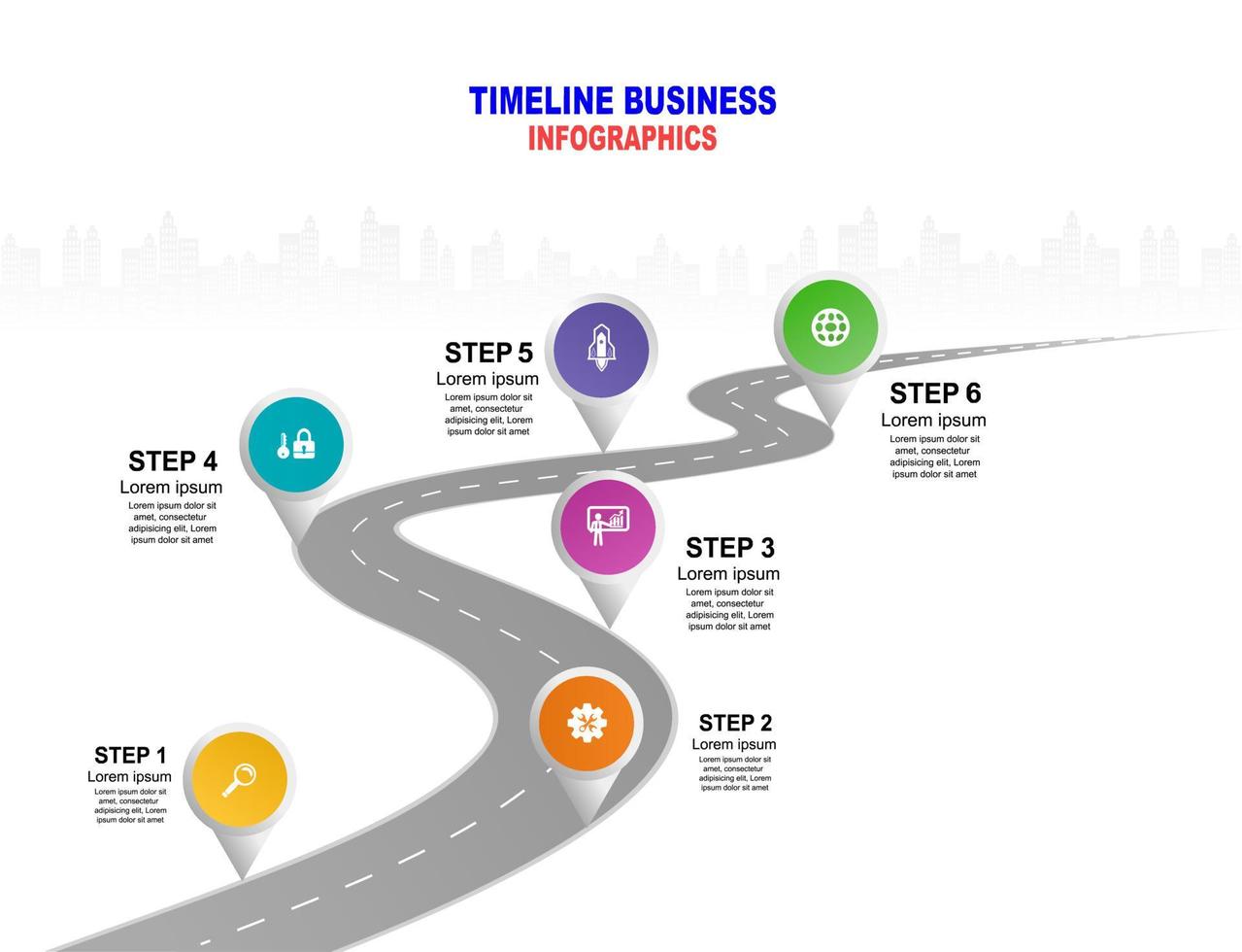 Vector template infographic Timeline of business operations with flags and placeholders on curved roads. Symbols, steps for successful business planning Suitable for advertising and presentations