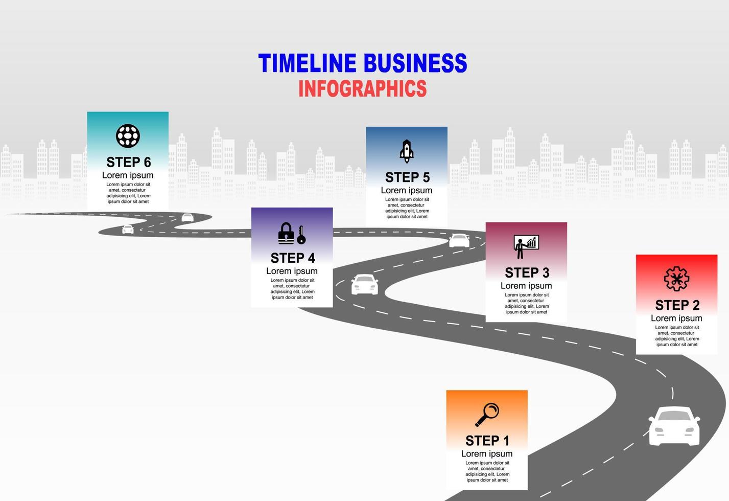 vector plantilla infografía línea de tiempo de operaciones comerciales con banderas y marcadores de posición en carreteras con curvas. símbolos, pasos para una planificación empresarial exitosa adecuados para publicidad y presentaciones