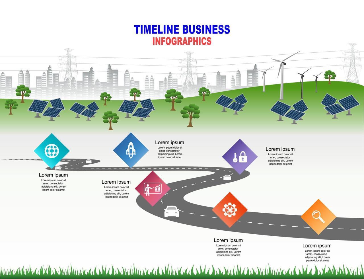 Vector template infographic Timeline of business operations with flags and placeholders on curved roads. Innovation, for environment and society city that can live together. Symbols, steps for success