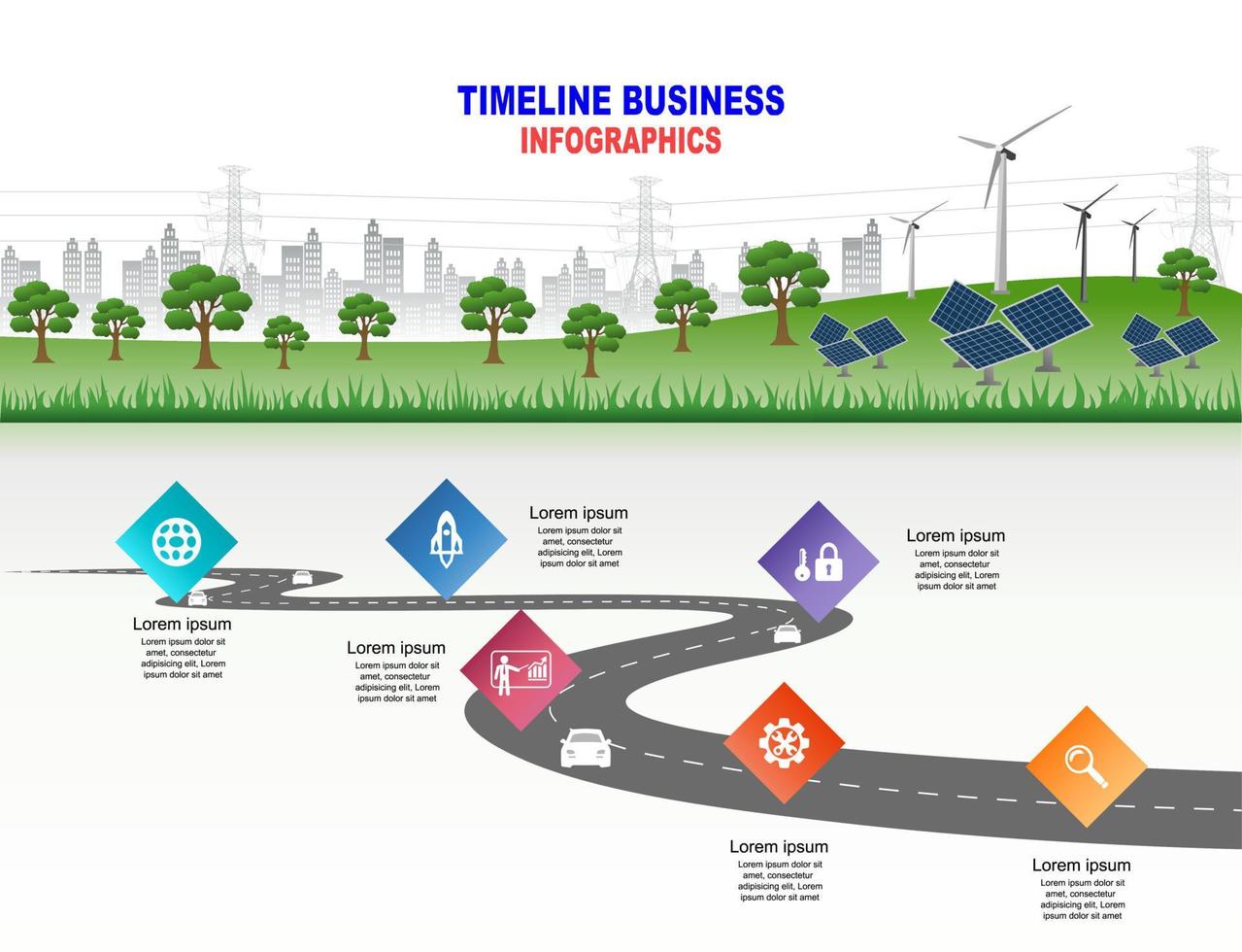 Vector template infographic Timeline of business operations with flags and placeholders on curved roads. Innovation, for environment and society city that can live together. Symbols, steps for success