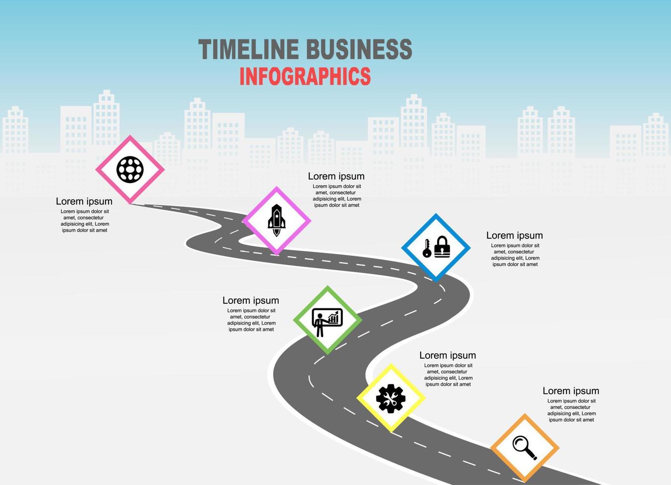 Vector template infographic Timeline of business operations with flags and placeholders on curved roads. Symbols, steps for successful business planning Suitable for advertising and presentations.