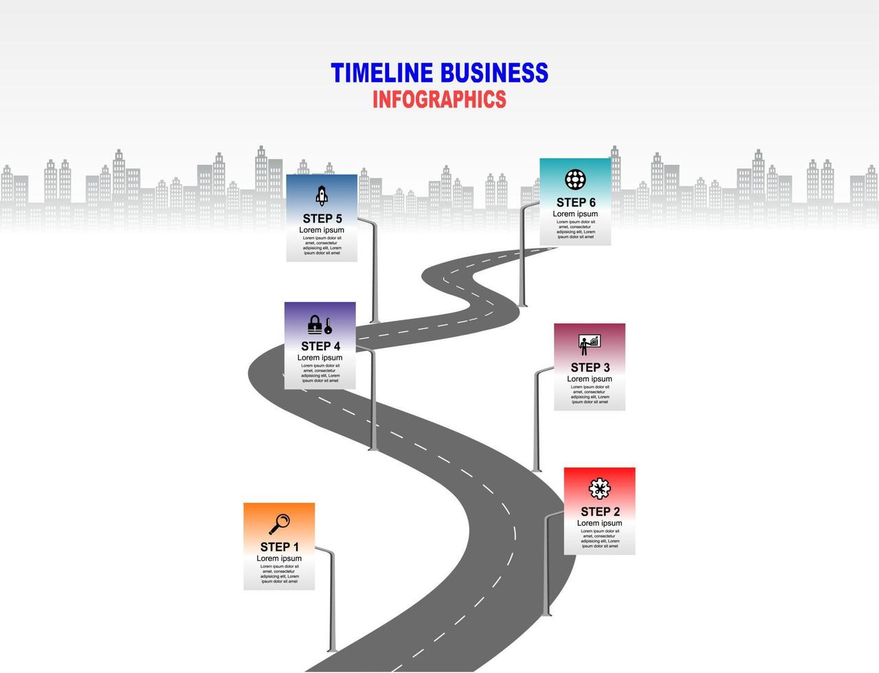 vector plantilla infografía línea de tiempo de operaciones comerciales con banderas y marcadores de posición en carreteras con curvas. símbolos, pasos para una planificación empresarial exitosa adecuados para publicidad y presentaciones