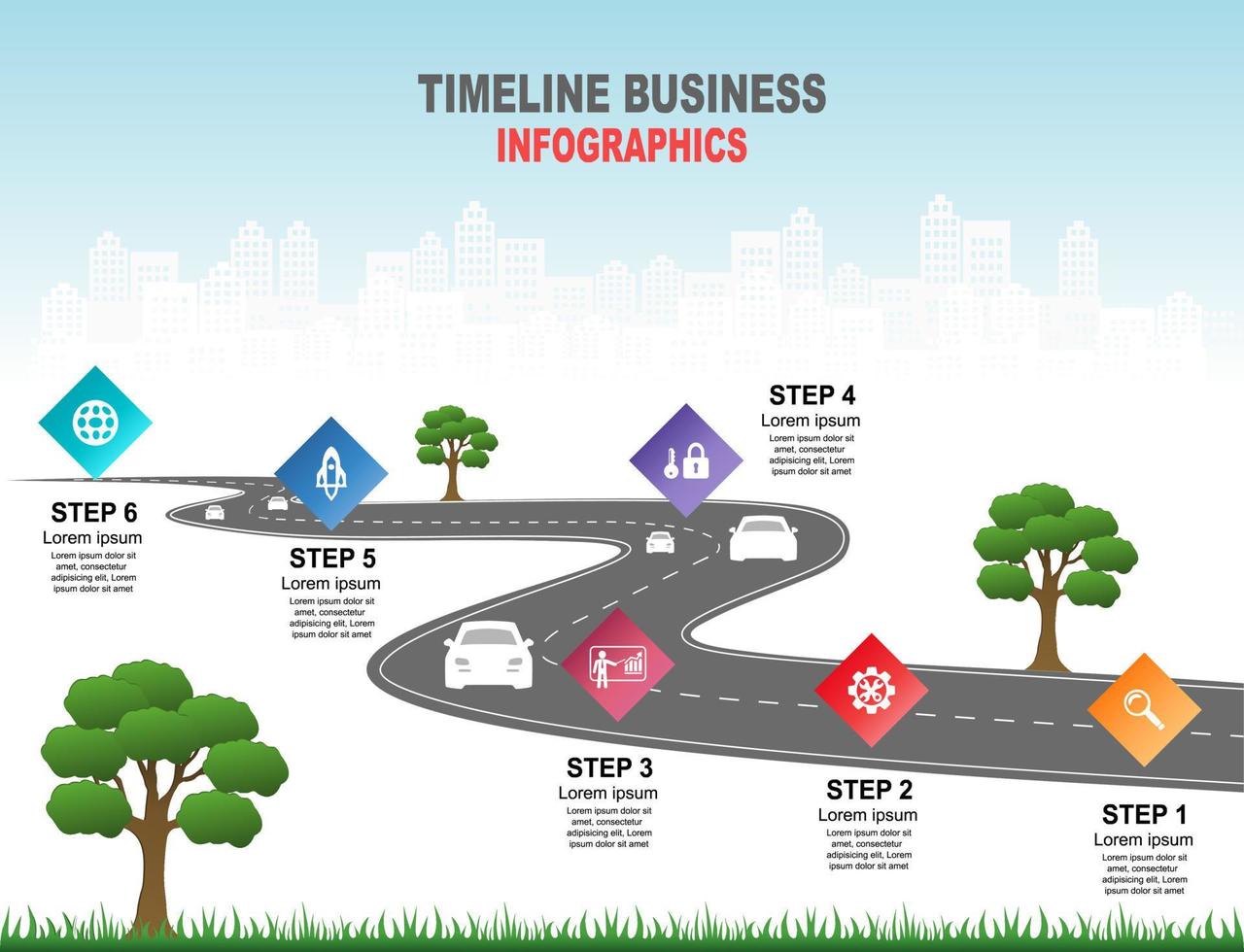 vector plantilla infografía línea de tiempo de operaciones comerciales con banderas y marcadores de posición en carreteras con curvas. símbolos, pasos para una planificación empresarial exitosa adecuados para publicidad y presentaciones