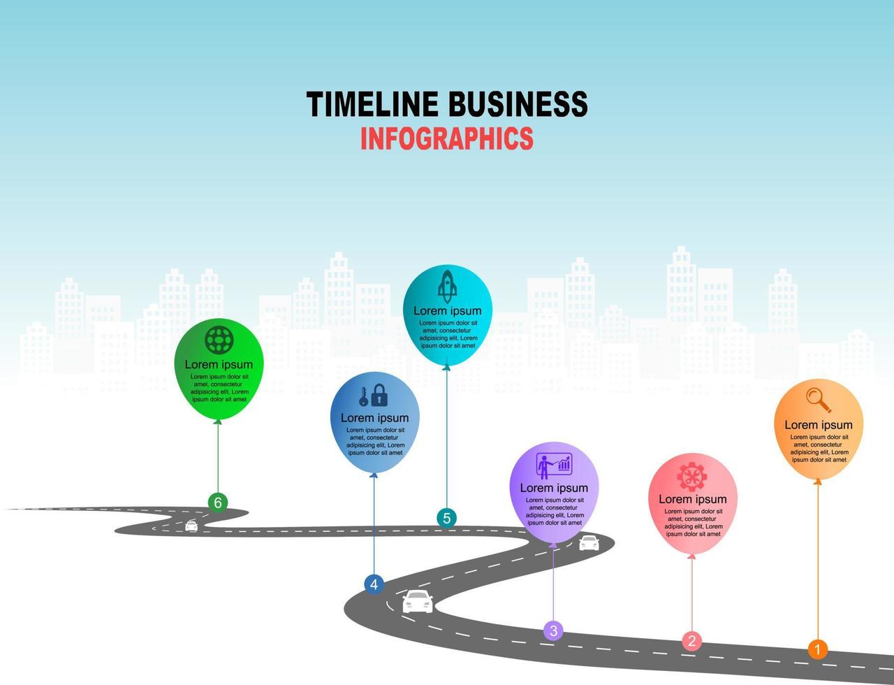 Vector template infographic Timeline of business operations with flags and placeholders on curved roads. Symbols, steps for successful business planning Suitable for advertising and presentations