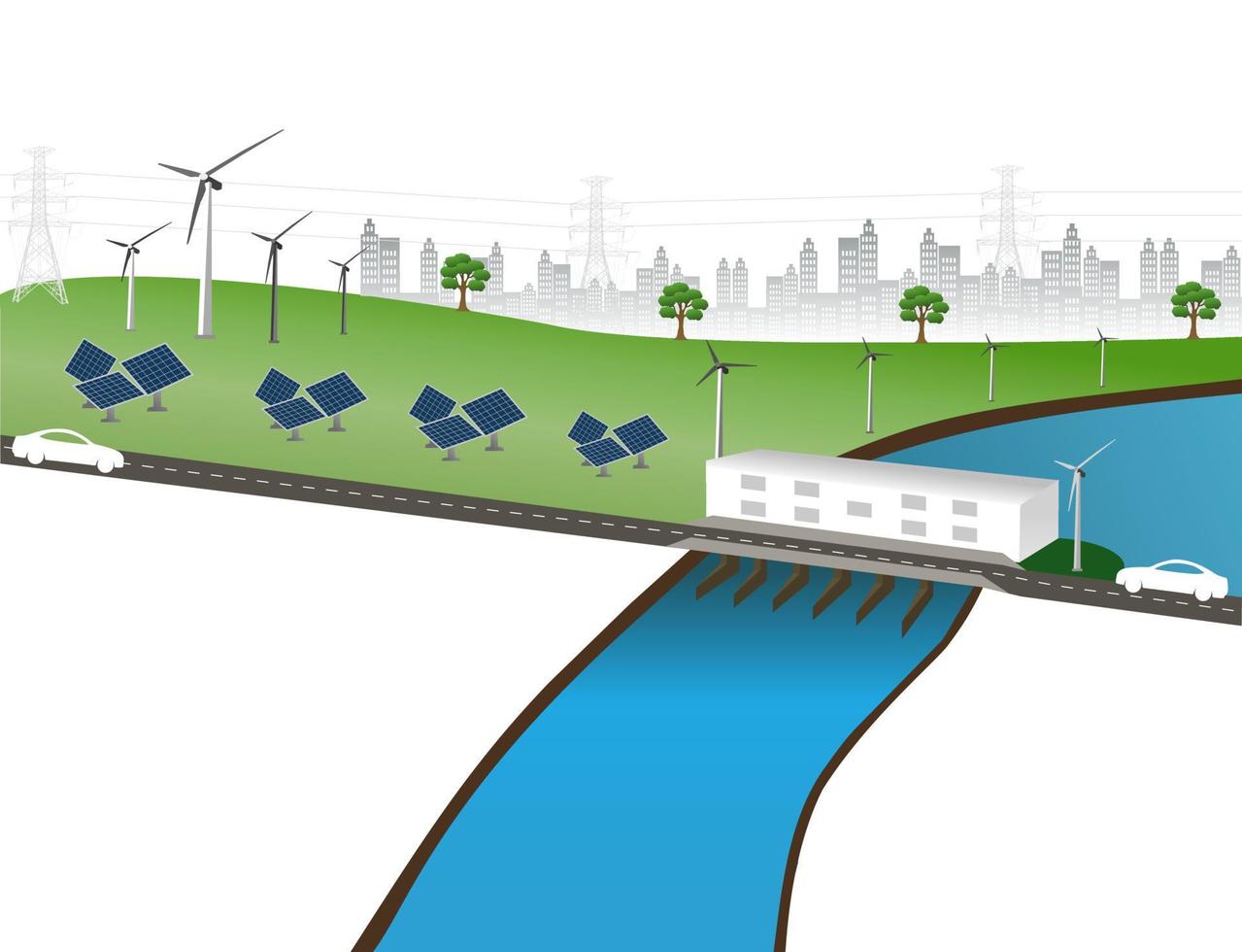 Power generation system renewable Clean energy from nature, such as wind, solar, water energy, can be used to produce electricity.Vector template infographic Timeline of business operations with flags vector