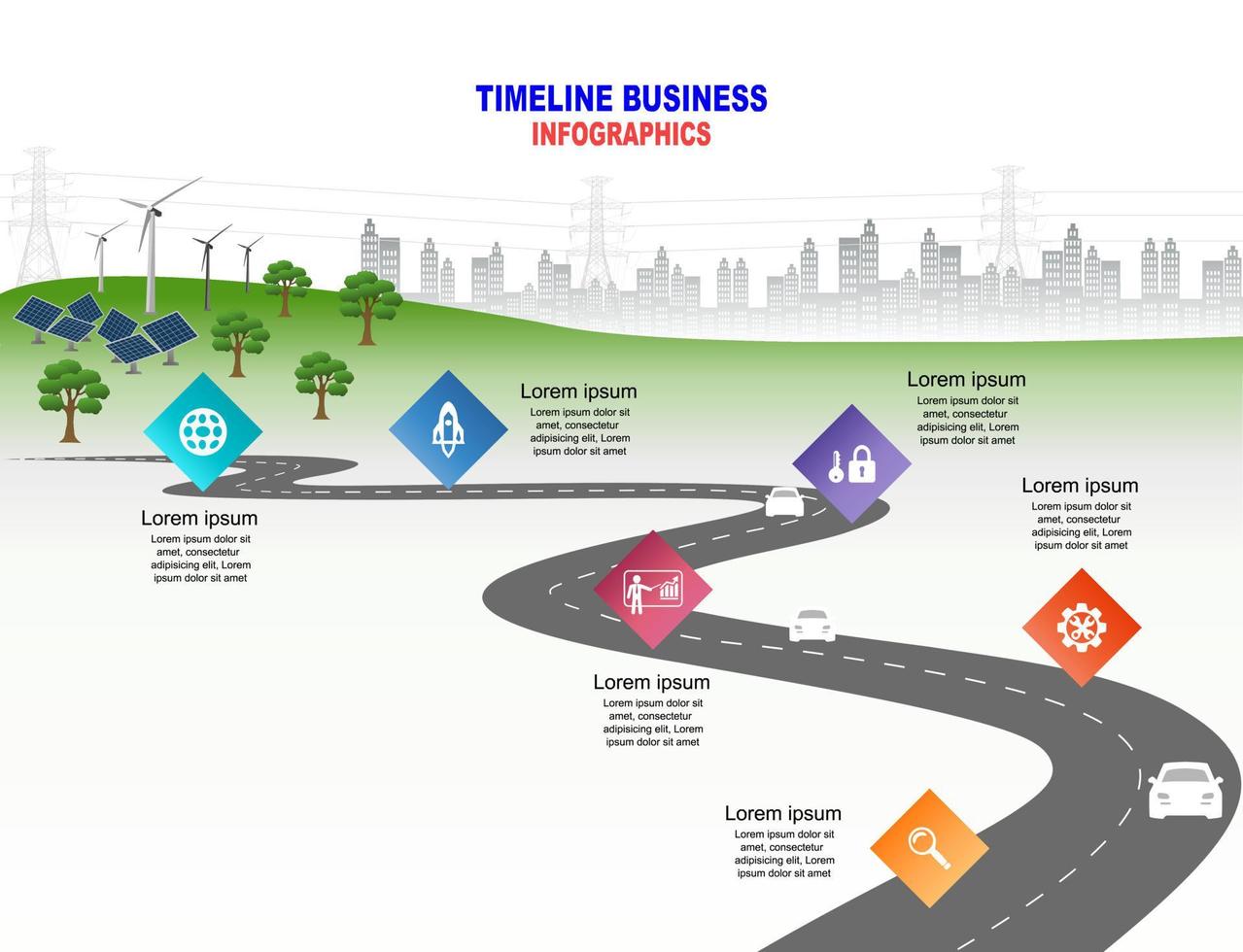 Vector template infographic Timeline of business operations with flags and placeholders on curved roads. Innovation, for environment and society city that can live together. Symbols, steps for success