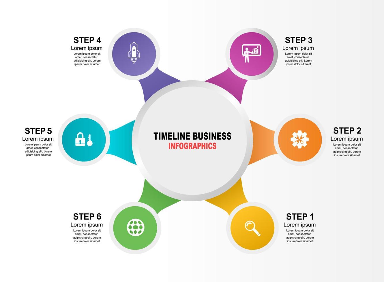 Vector template infographic Timeline of business operations with flags and placeholders on curved roads. Symbols, steps for successful business planning Suitable for advertising and presentations.