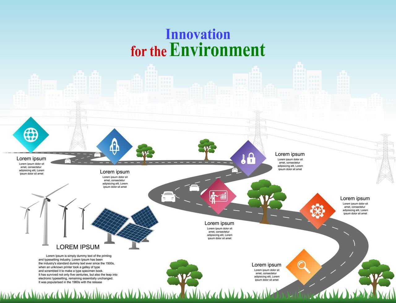 Vector template infographic Timeline of business operations with flags and placeholders on curved roads. Innovation, for environment and society city that can live together. Symbols, steps for success