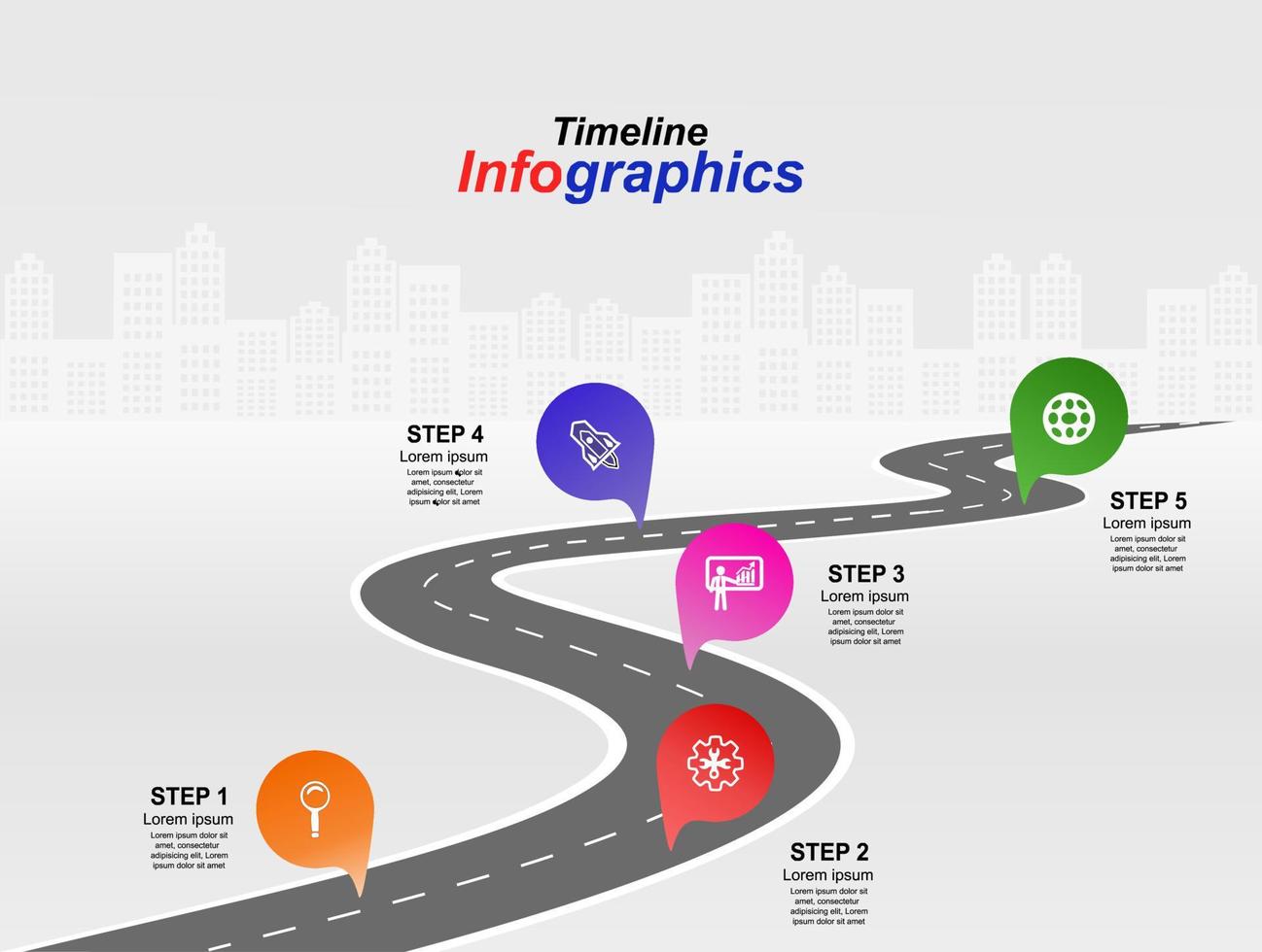 Vector template infographic Timeline of business operations with flags and placeholders on curved roads. Symbols, steps for successful business planning Suitable for advertising and presentations.