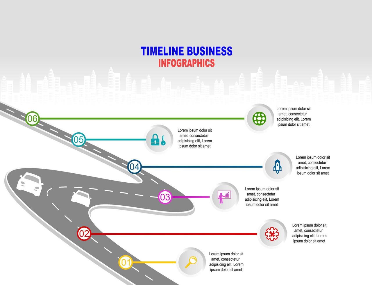 vector plantilla infografía línea de tiempo de operaciones comerciales con banderas y marcadores de posición en carreteras con curvas. símbolos, pasos para una planificación empresarial exitosa adecuados para publicidad y presentaciones