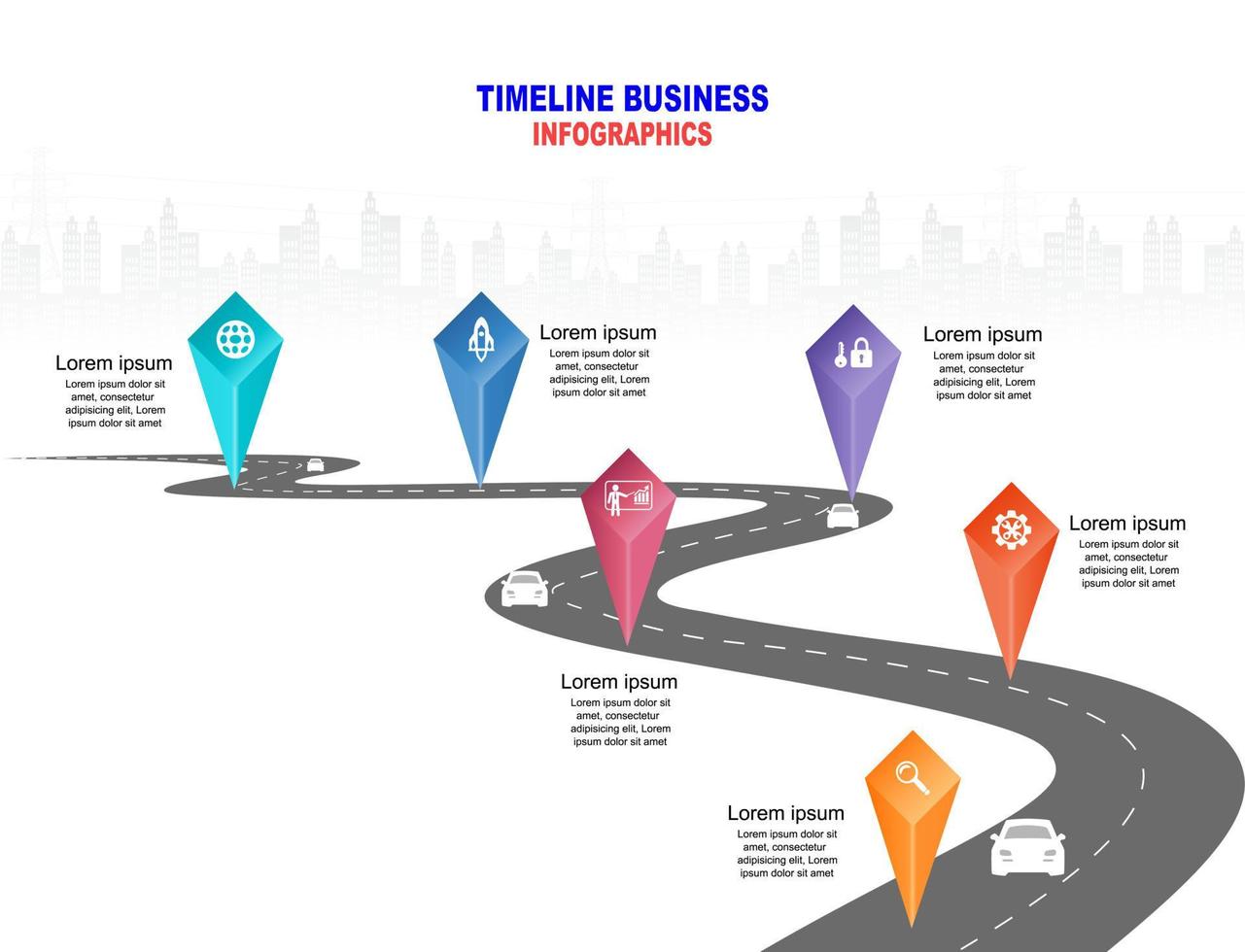 vector plantilla infografía línea de tiempo de operaciones comerciales con banderas y marcadores de posición en carreteras con curvas. símbolos, pasos para una planificación empresarial exitosa adecuados para publicidad y presentaciones