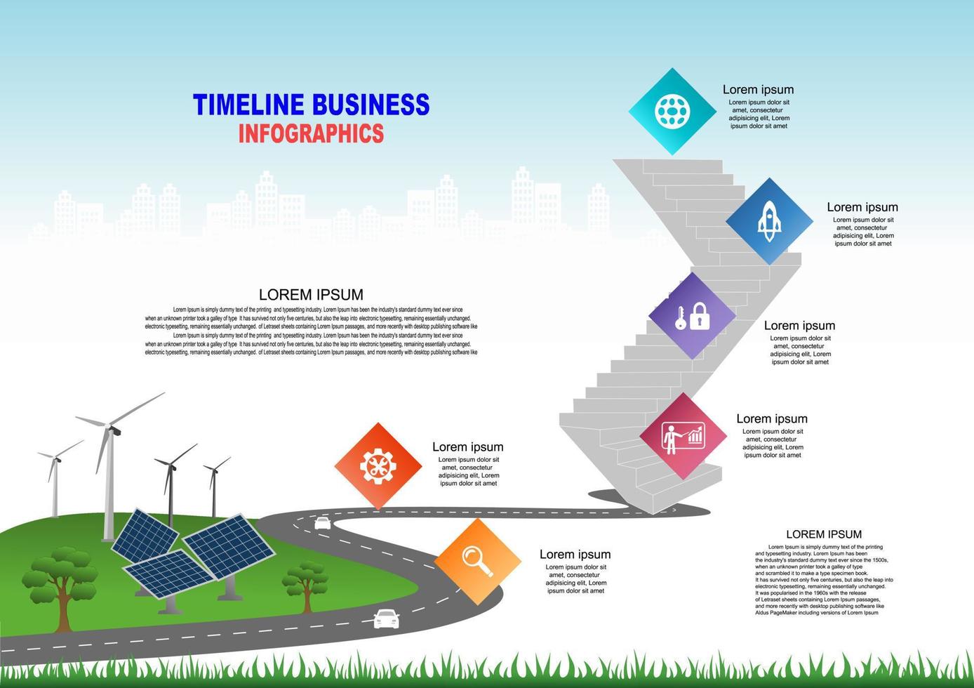 Vector template infographic Timeline of business operations with flags and placeholders on curved roads. Clean energy from nature, such as wind, solar, water energy, can be used to produce electricity