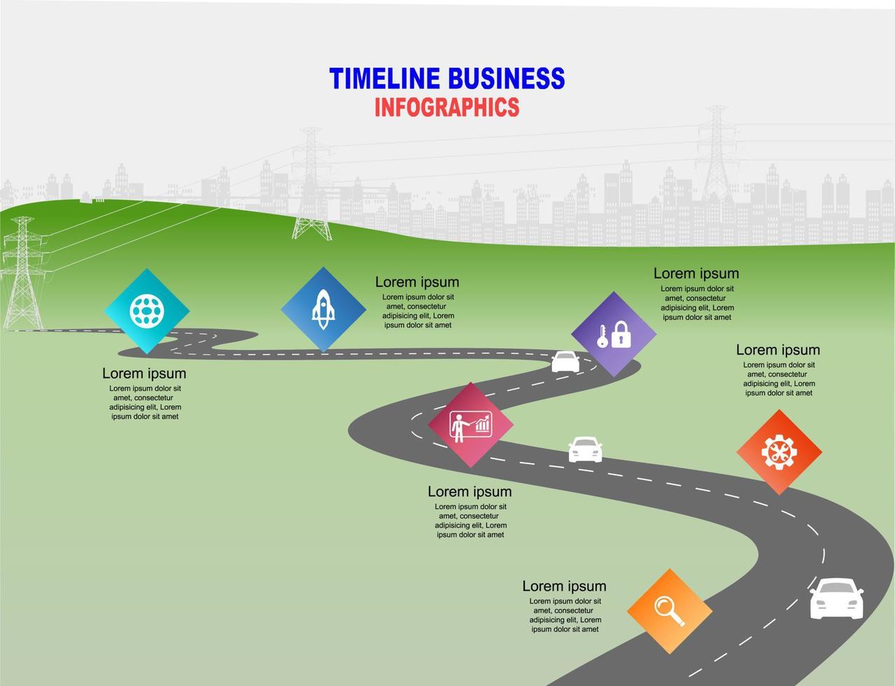 vector plantilla infografía línea de tiempo de operaciones comerciales con banderas y marcadores de posición en carreteras con curvas. innovación, por el medio ambiente y la sociedad ciudad que conviva. símbolos, pasos para el éxito