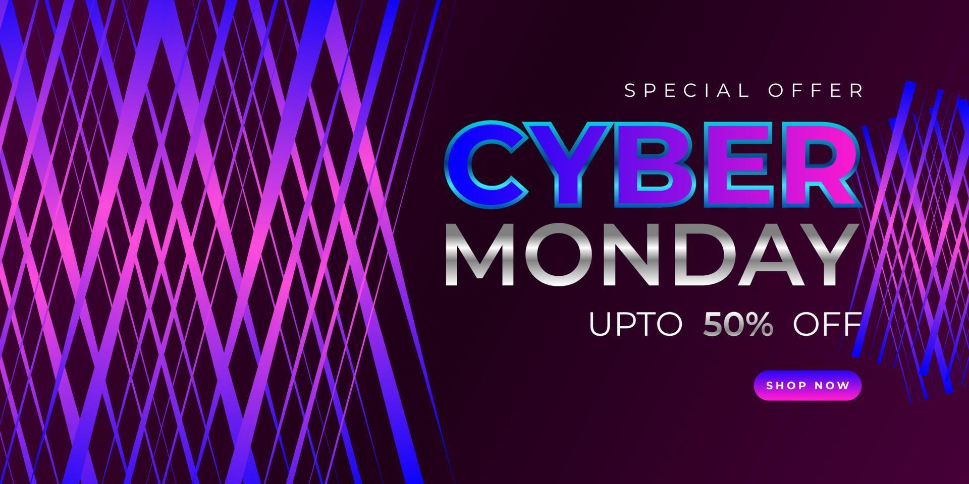Cyber monday sale banner template design with blue and pink light effect on dark background for advertising poster or business promotion vector