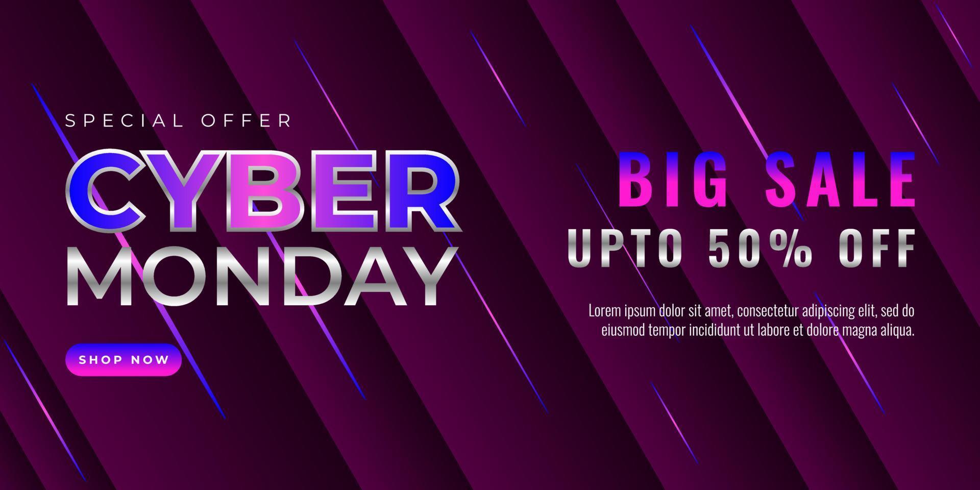 Cyber monday sale banner template design with blue and pink light effect on dark background for advertising poster or business promotion vector