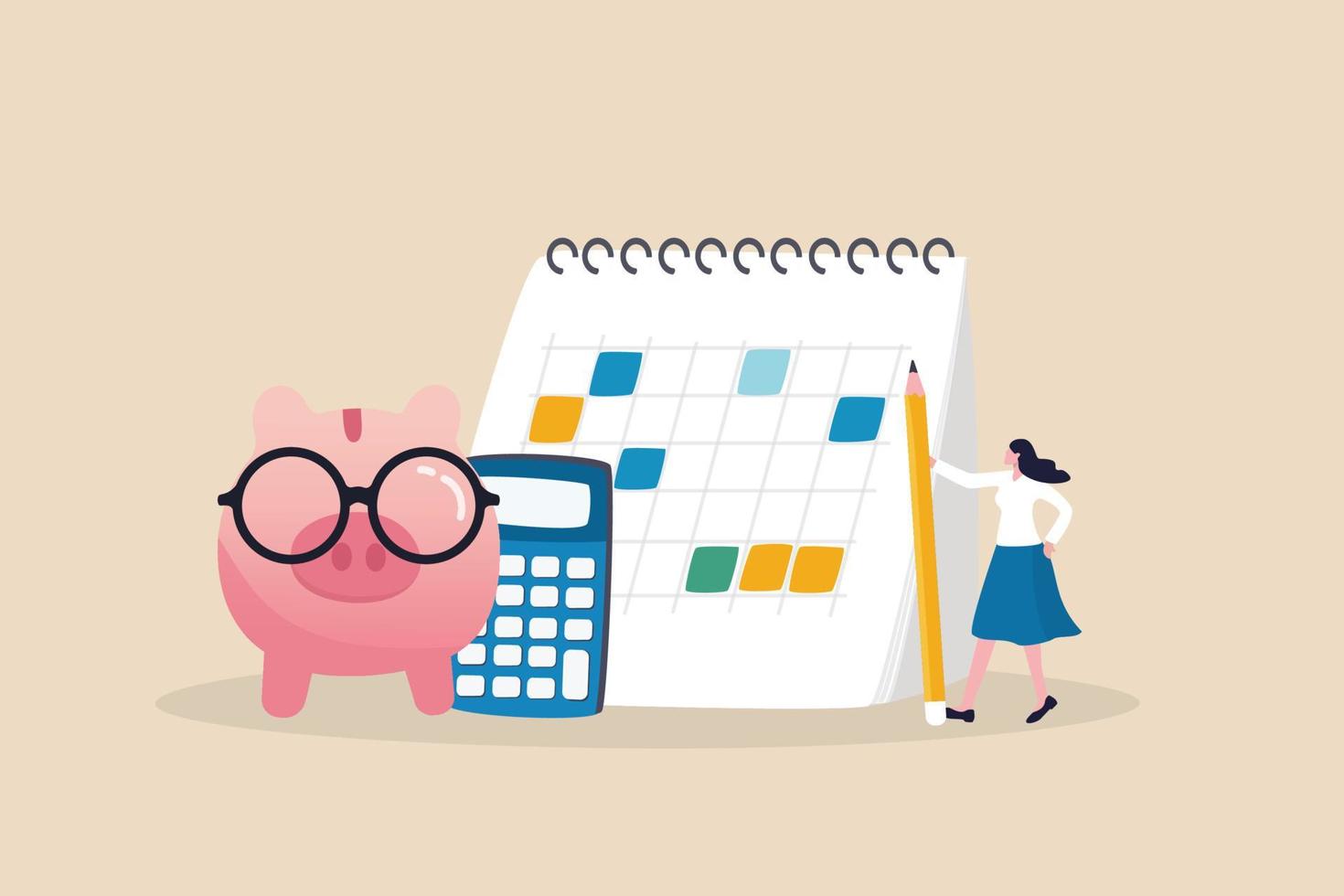 Monthly cost or budget, expense to pay bill, mortgage or debt, plan for savings or investment, money management or credit card payment, smart woman plan her monthly budget with calendar and piggybank. vector