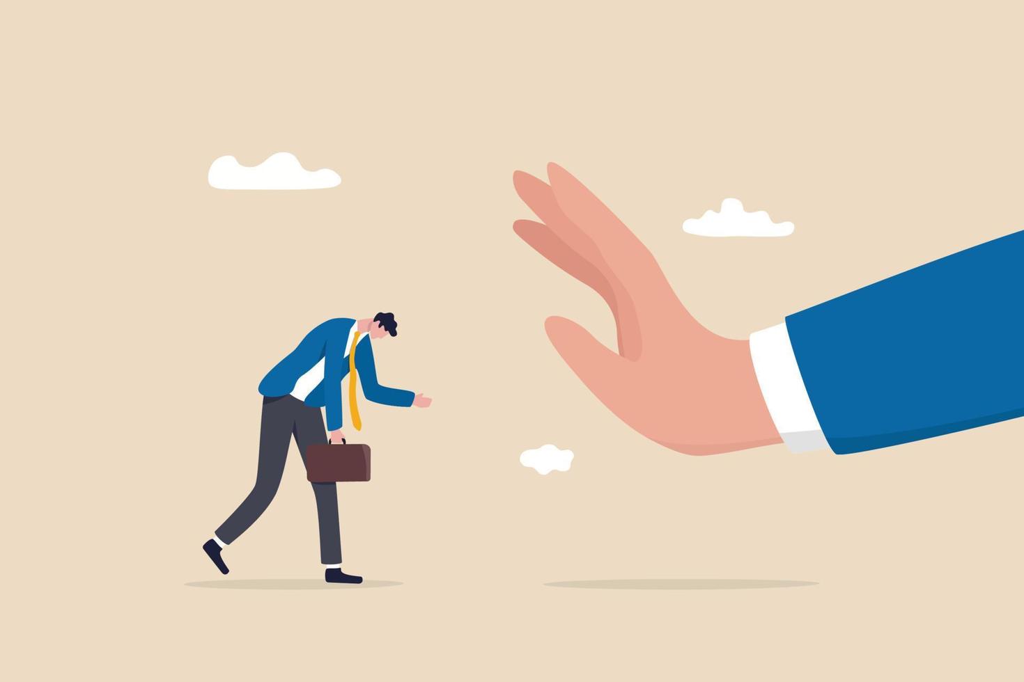 Application rejected, fail to get new job or loan, insurance request refusal, offer denied, disappointment and failure concept, sadness businessman getting rejected from big hand gesture as no. vector