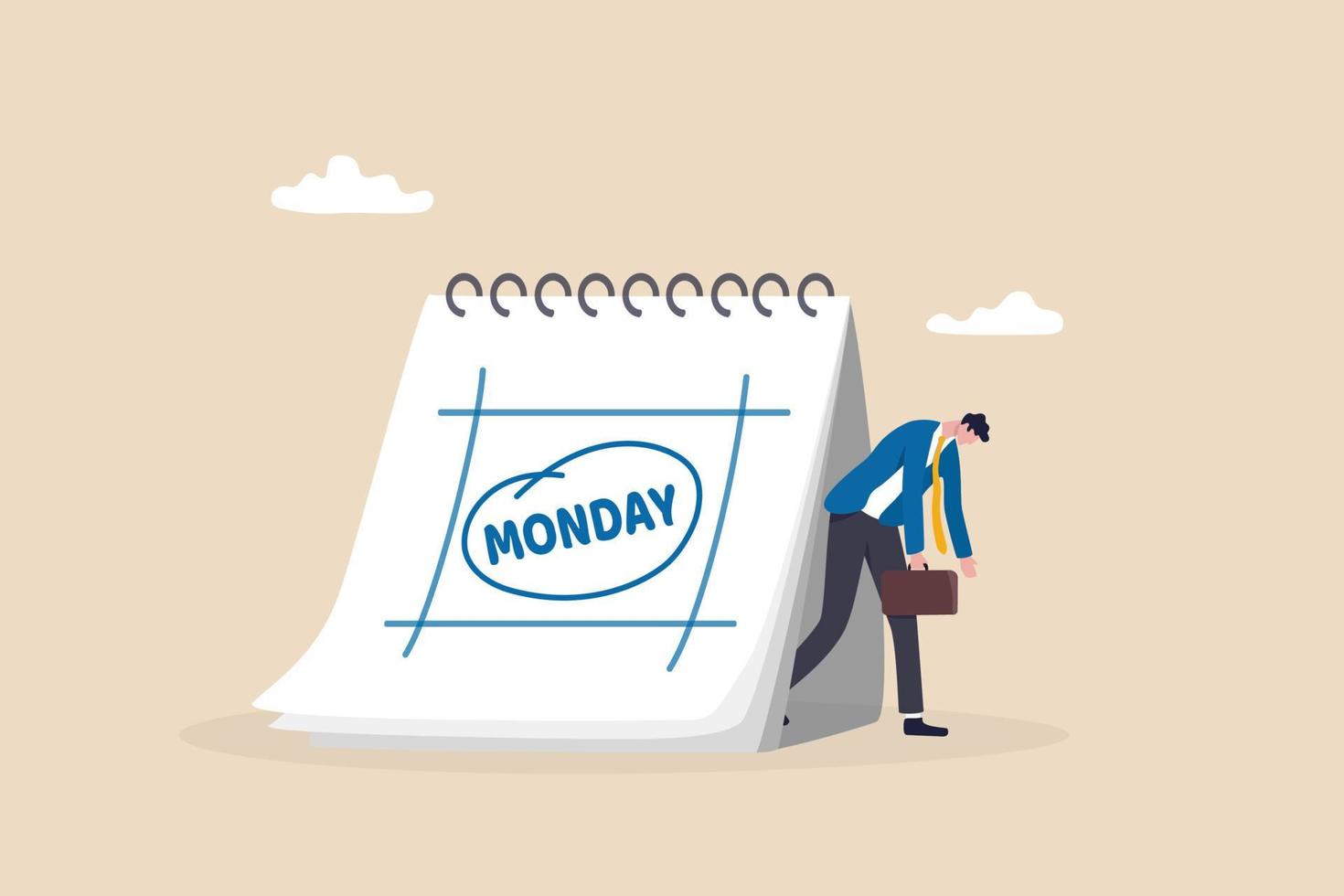 Monday blues, tired and fear of routine office work, depression or sadness worker, sleepy and frustrated on Monday morning, tired and sleepy businessman going to work with calendar showing Monday. vector