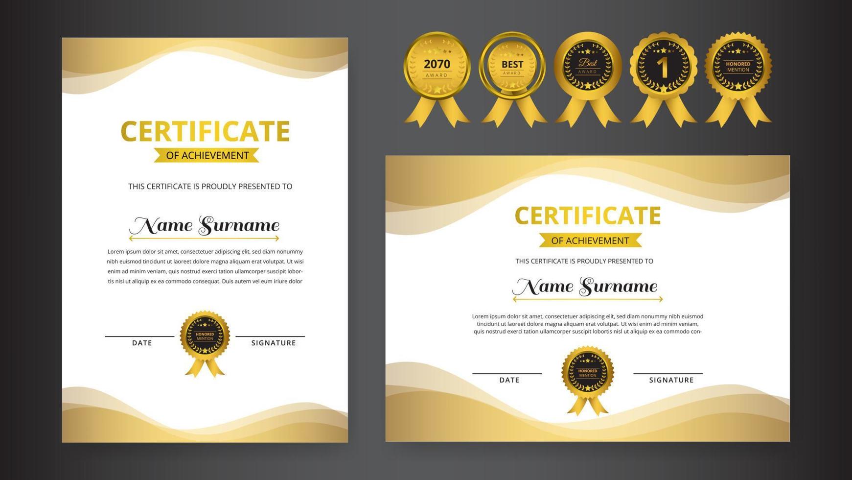 plantilla de certificado moderno con certificado de lujo dorado degradado vector