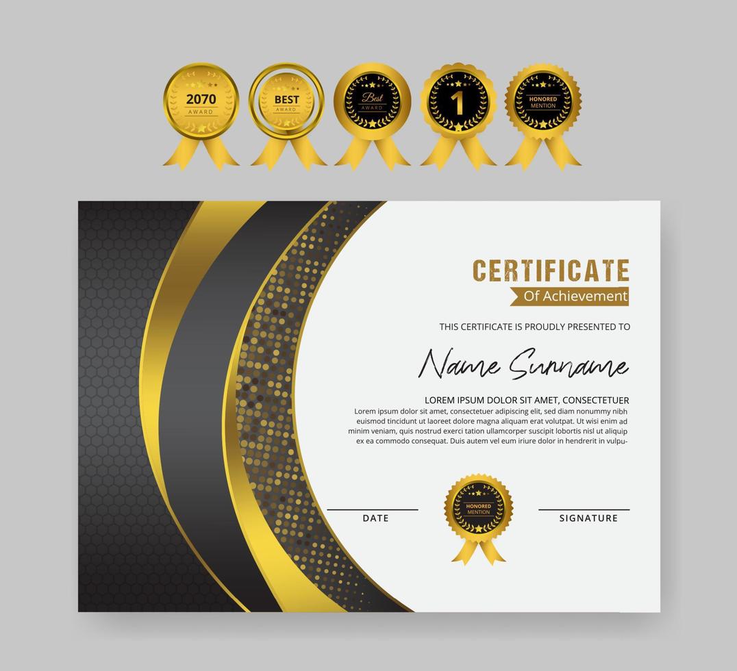 Gradient golden black luxury certificate with halftone and gold badge set For award, business, and education needs vector