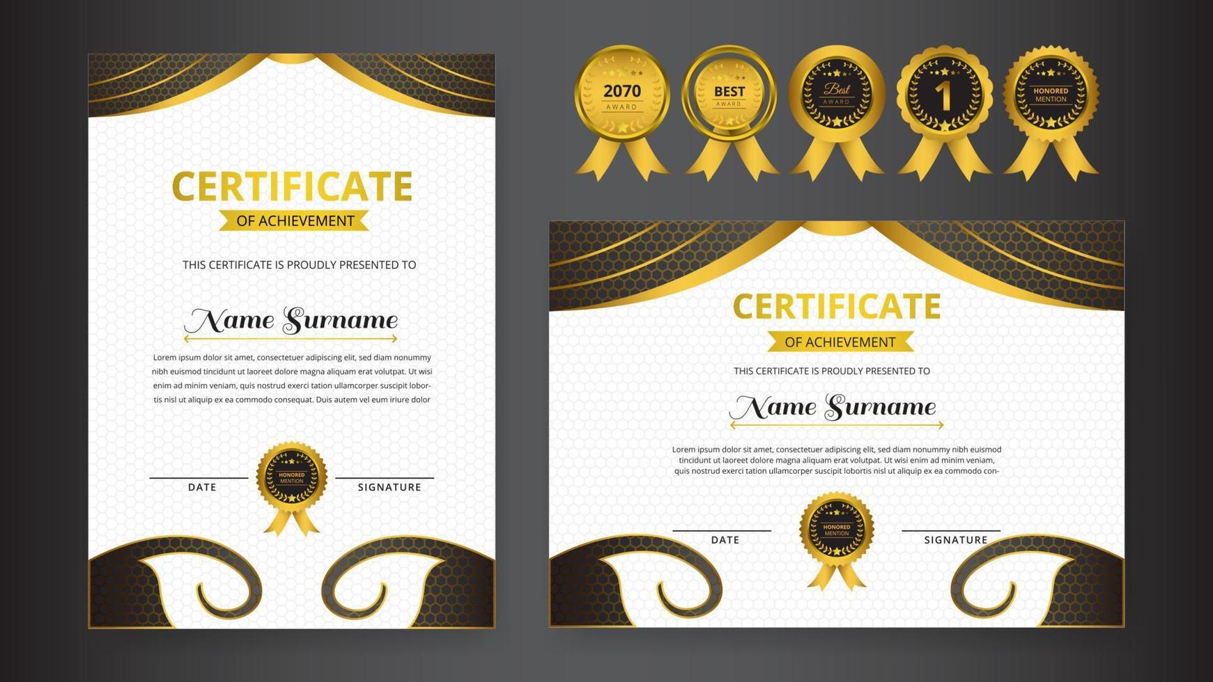 Plantilla de certificado con gradiente dorado negro de lujo y distintivo dorado para necesidades de premios, negocios y educación vector