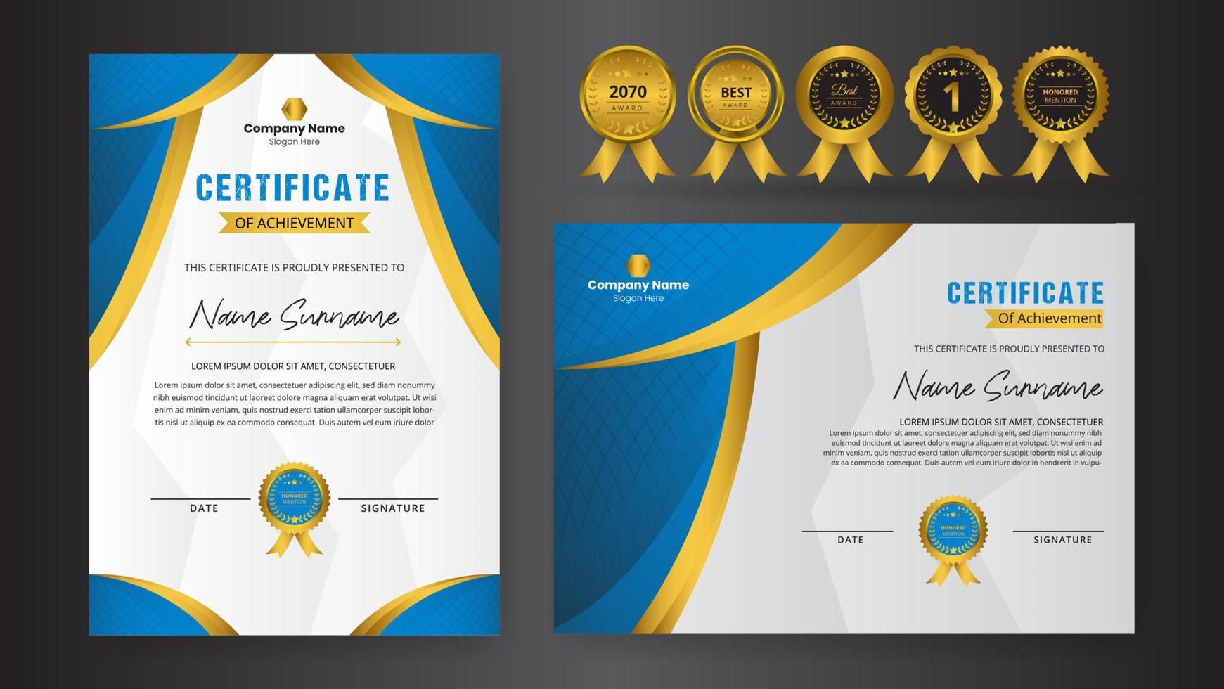 Certificado de premio con lujoso color dorado y azul, insignia dorada y plantilla de borde vector premium