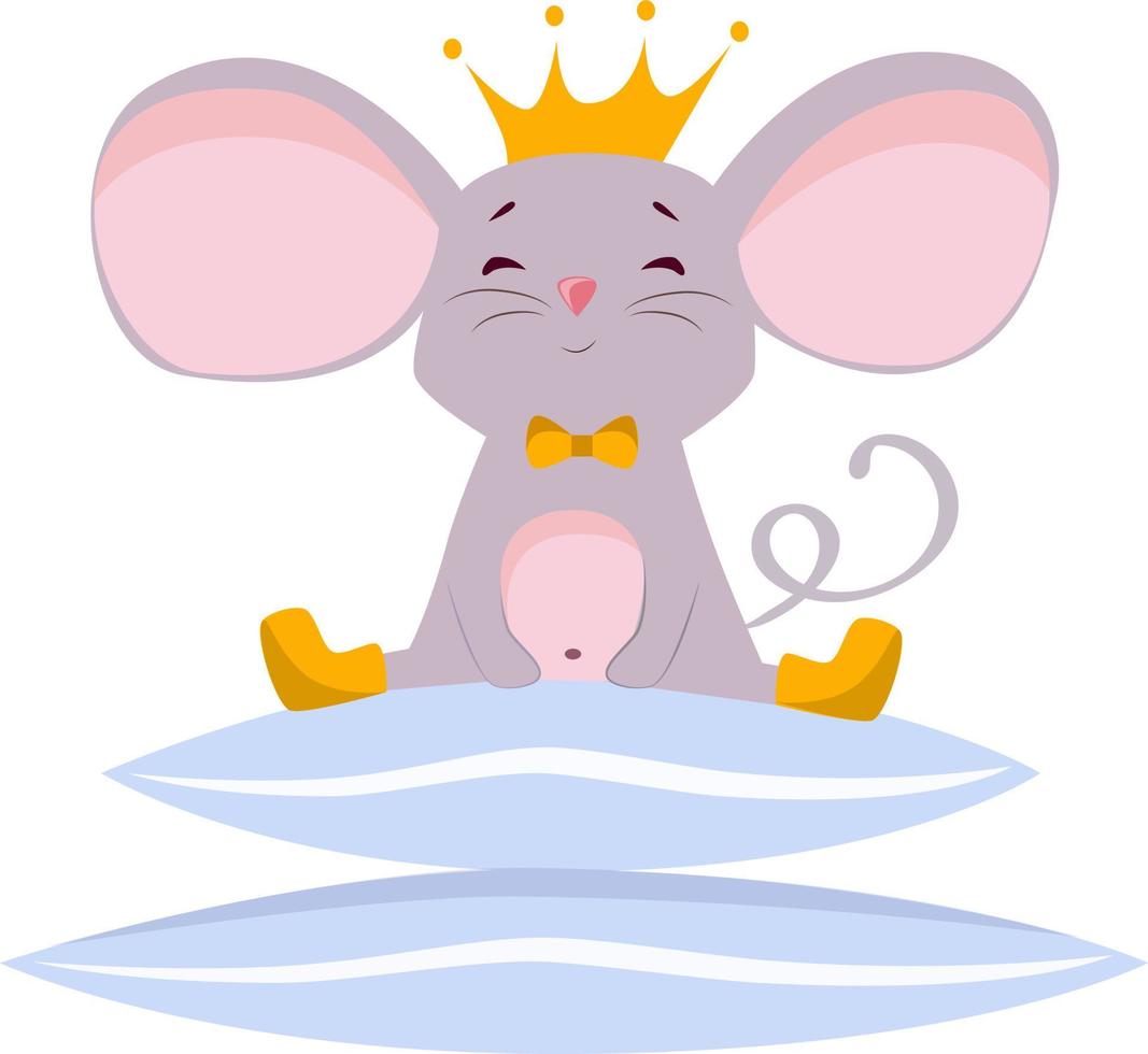 Vector illustration of a funny mouse in a crown on pillows