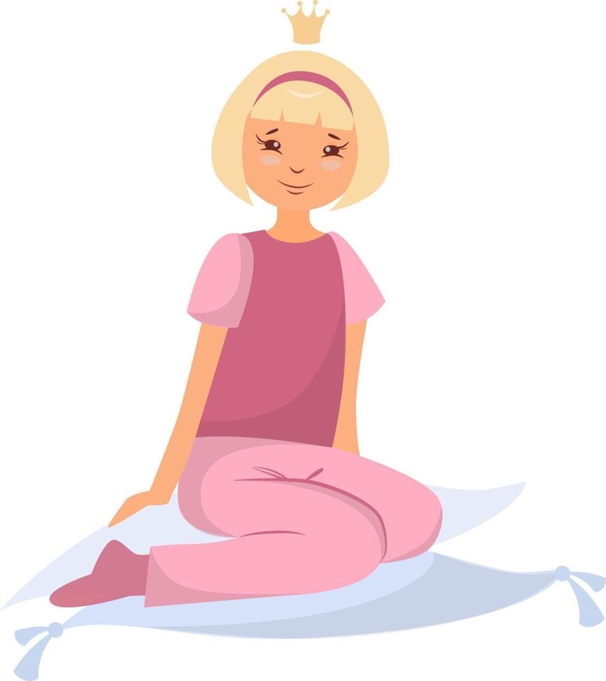 Vector illustration of a girl in pajamas sitting on pillows. Cartoon pajama party