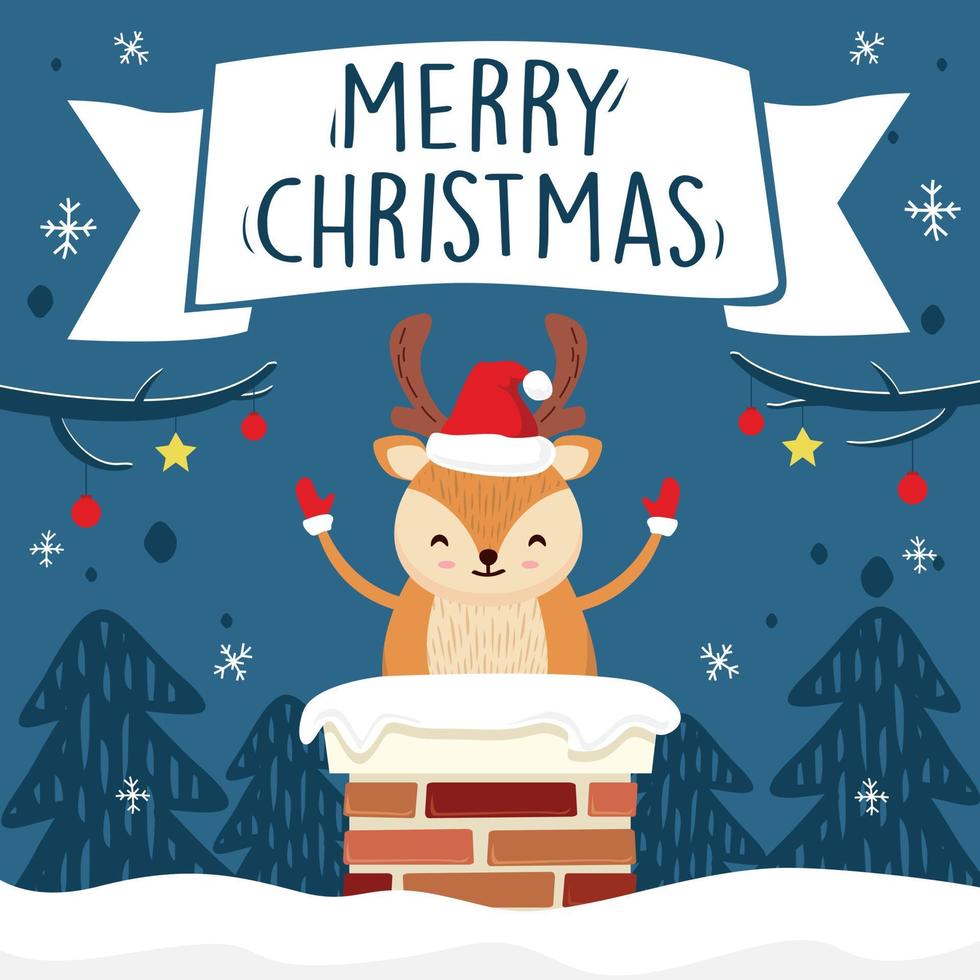 Merry Christmas Cartoon Cute Deer in Chimney Illustration - Blue Ribbon Banner Greeting Card Vector