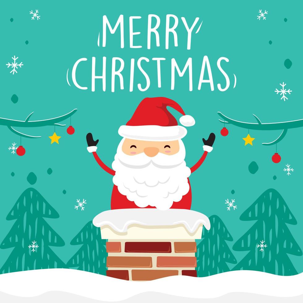 Cute Santa Claus Chimney Merry Christmas Cartoon - Green Greeting Card Vector