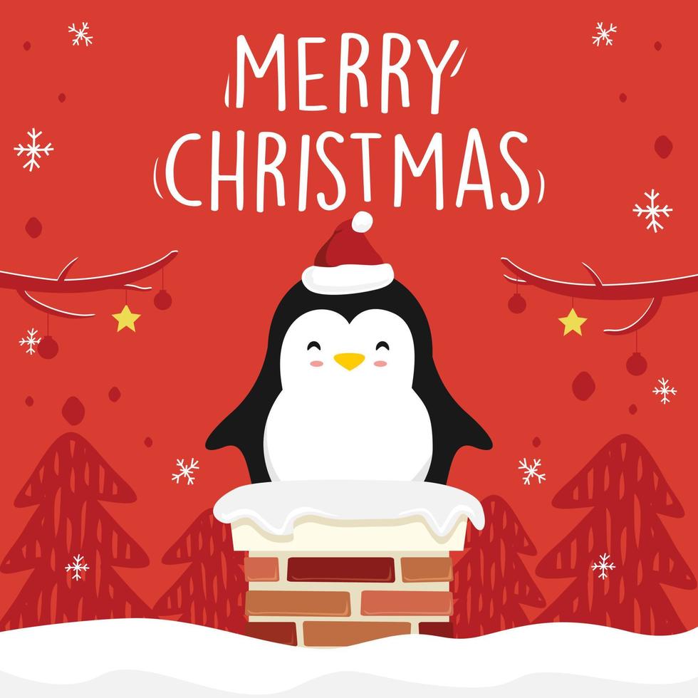 Penguin Cartoon Chimney Merry Christmas Xmas Vector Red