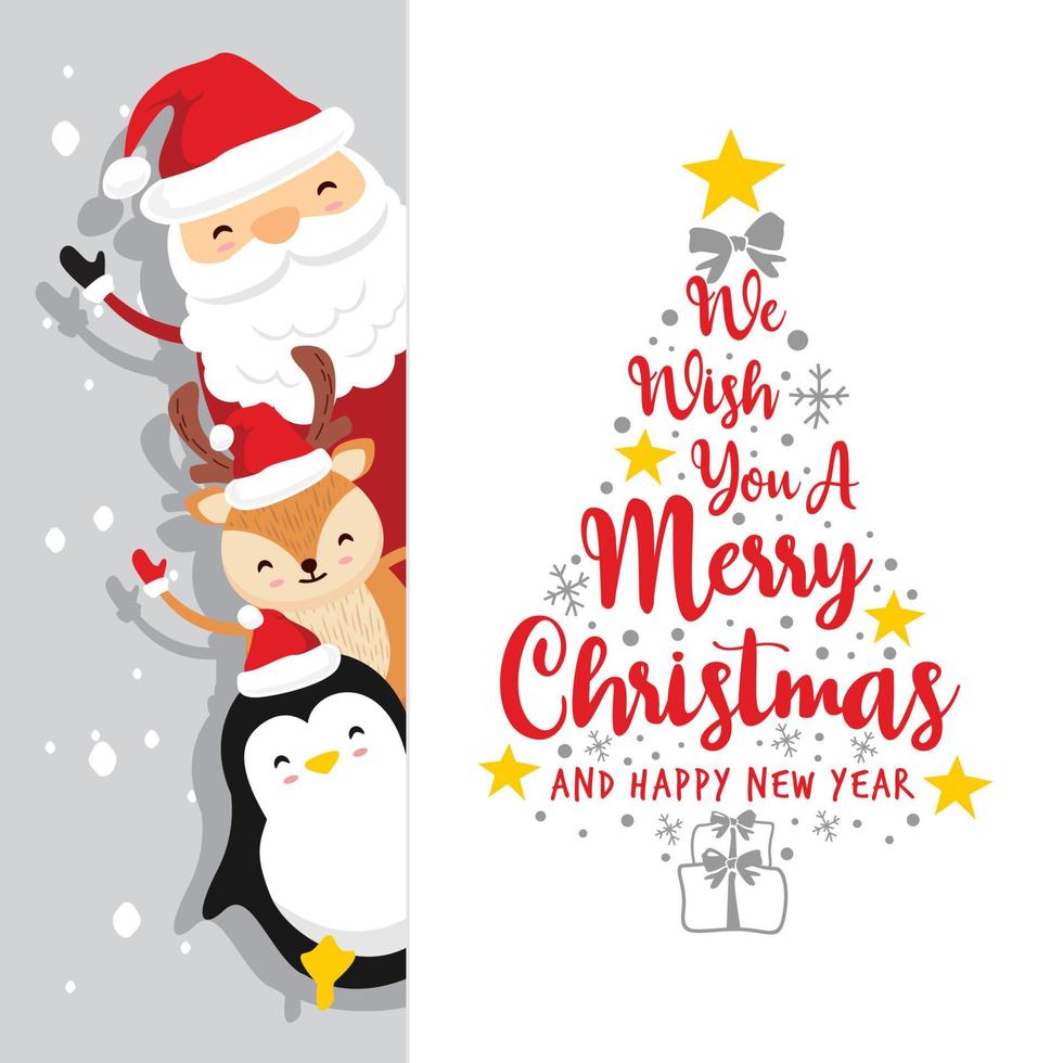 Santa Claus Deer Penguin Text Merry Christmas and Happy New Year - Side White vector