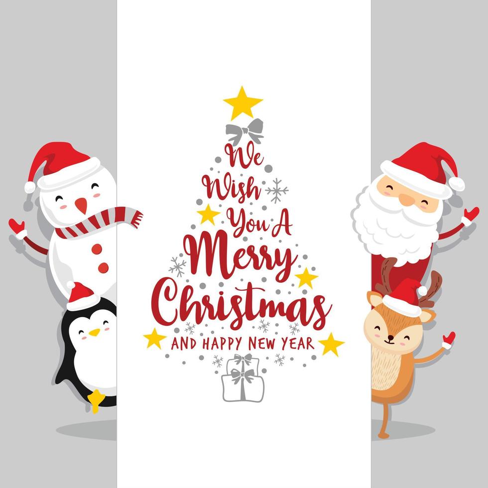 Santa Claus Deer Penguin with Sign Board Text Merry Christmas and Happy New Year - Text Grey.eps vector