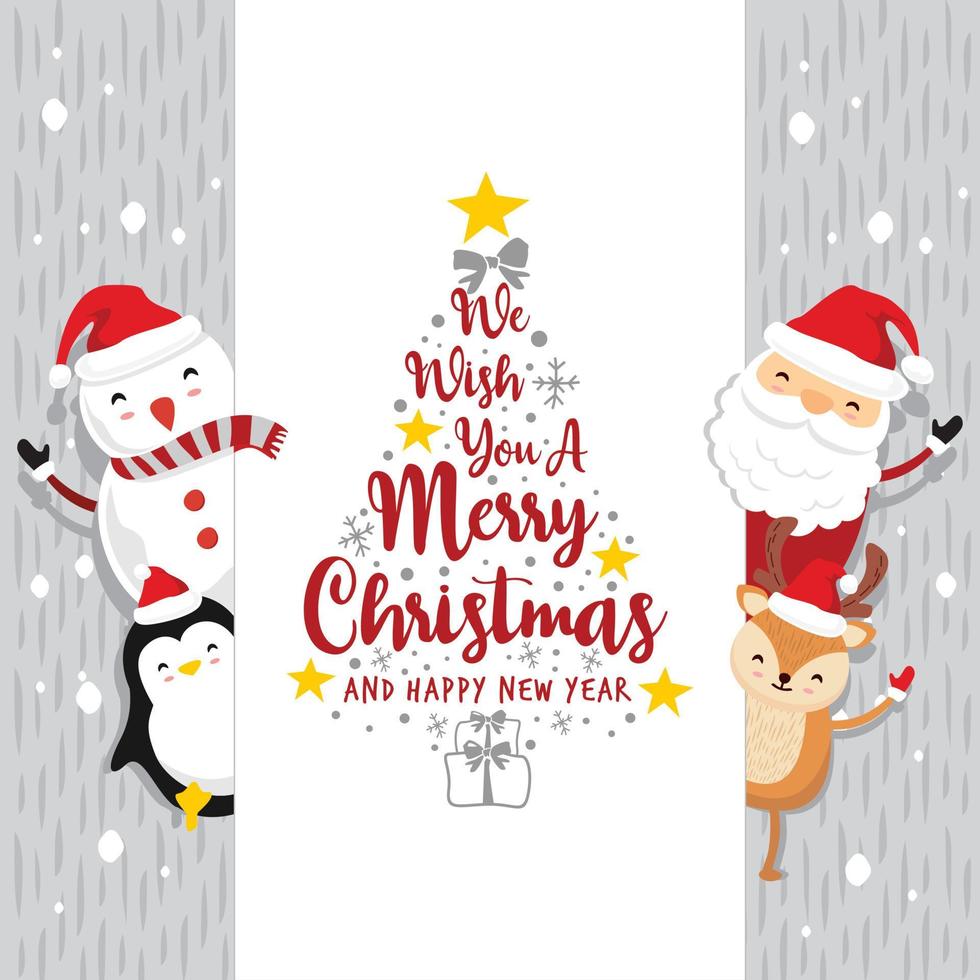 Santa Claus Deer Penguin with Sign Board Text Merry Christmas and Happy New Year - Vintage Grey.eps vector