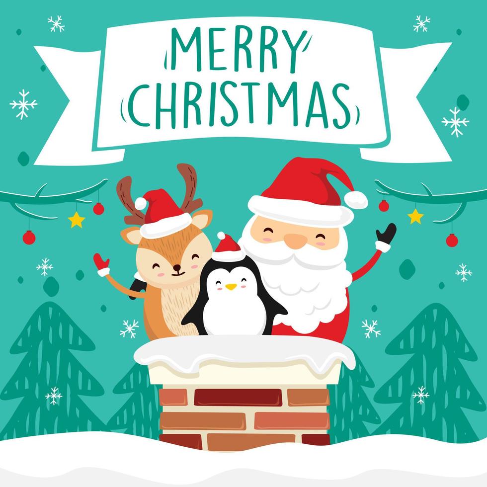 santa claus ciervo pingüino en chimenea verde navidad tarjetas de felicitación vector