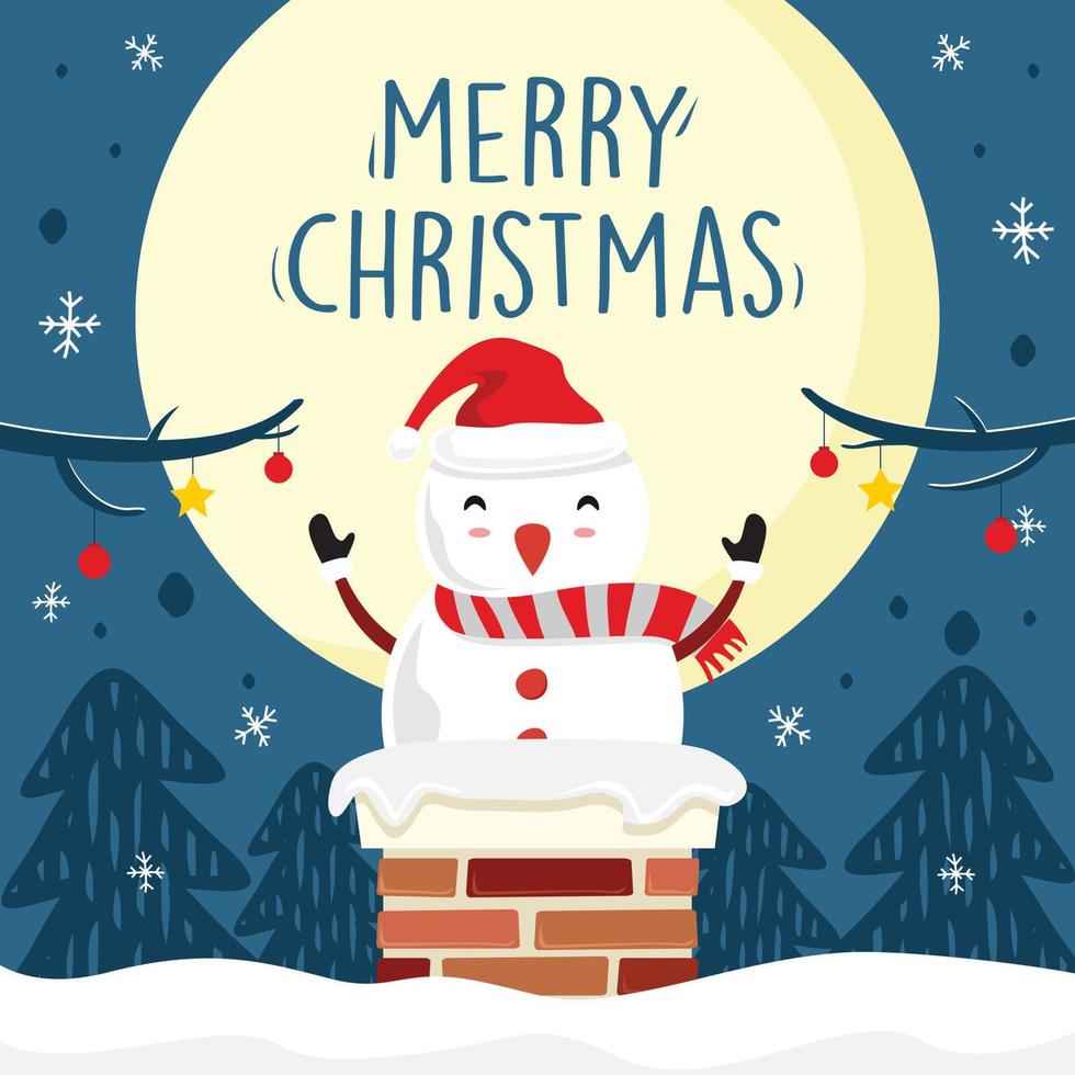 Merry Christmas Snowman Cartoon Vector Full Moon blue Background