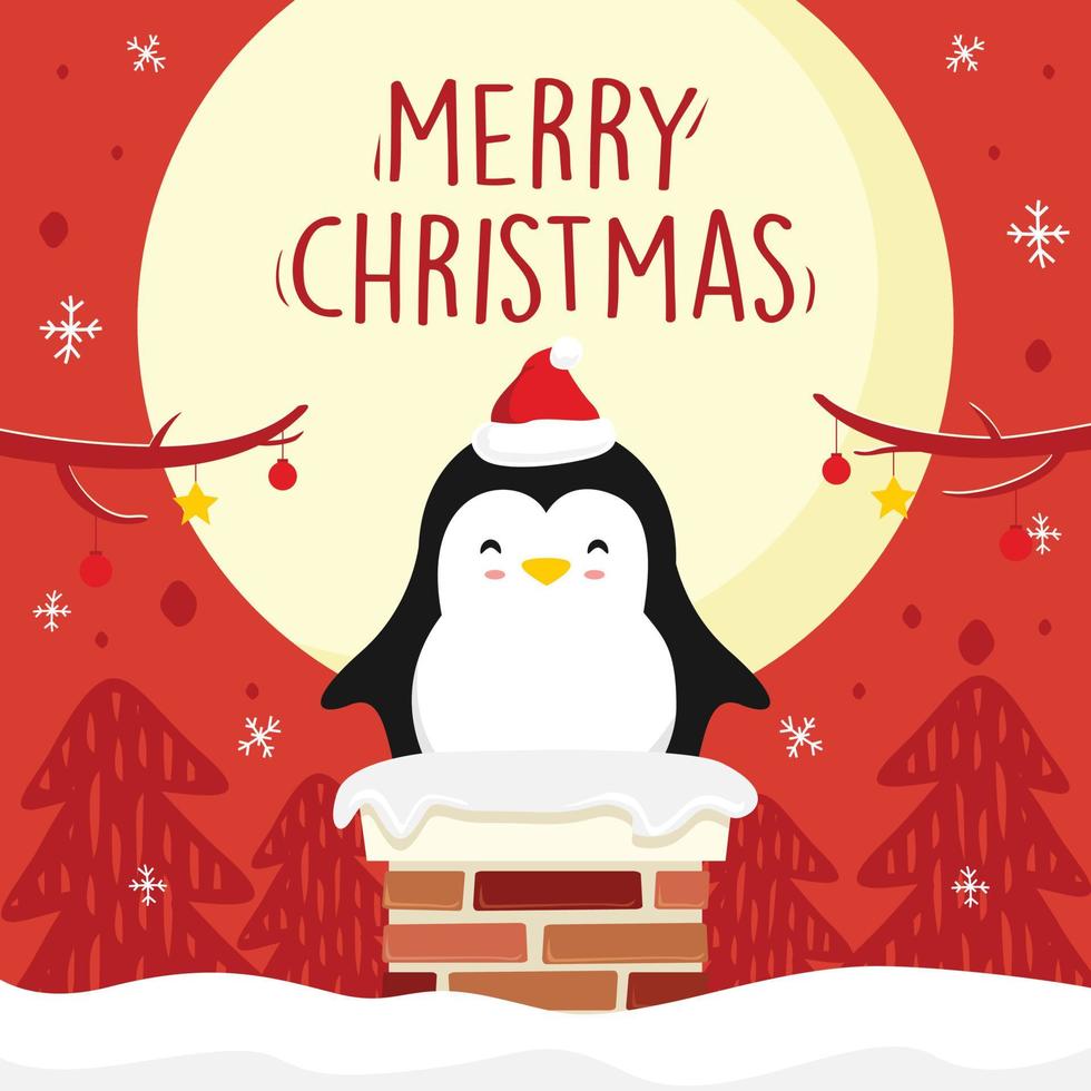 Penguin Cartoon Chimney Merry Christmas Full Moon Xmas Vector Red