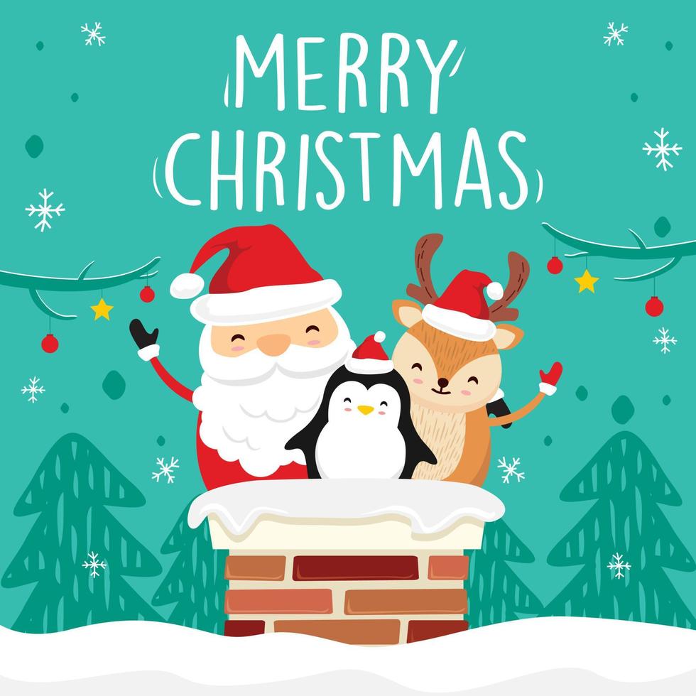 Santa Claus Deer Penguin in Chimney Green Christmas Greeting Cards ...